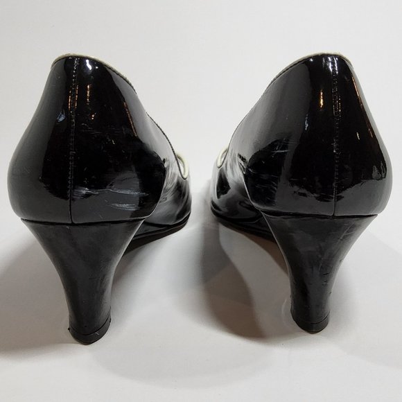 Etienne Aigner patent leather wedges open toe black and white Size 8 - Picture 4 of 7